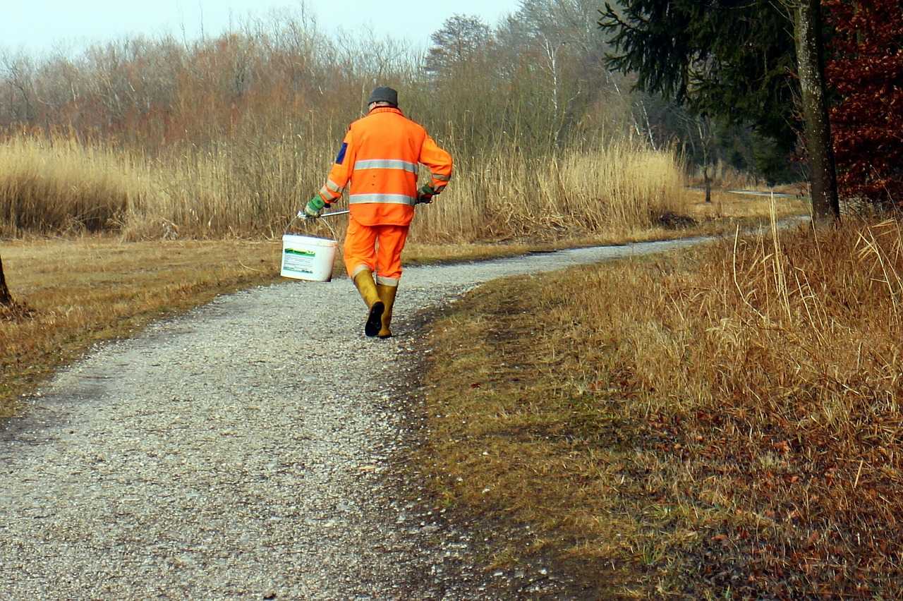 man in woodland litter picking in high vis